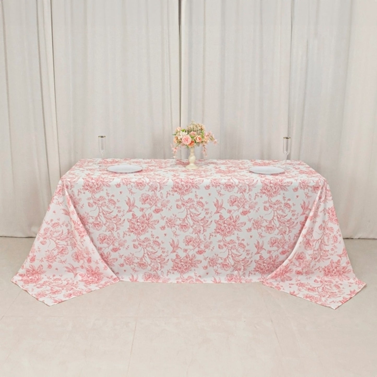 Polyester 90"x132" Rectangle Tablecloth White - Seamless Pink French Toile Pattern for Formal Celebrations