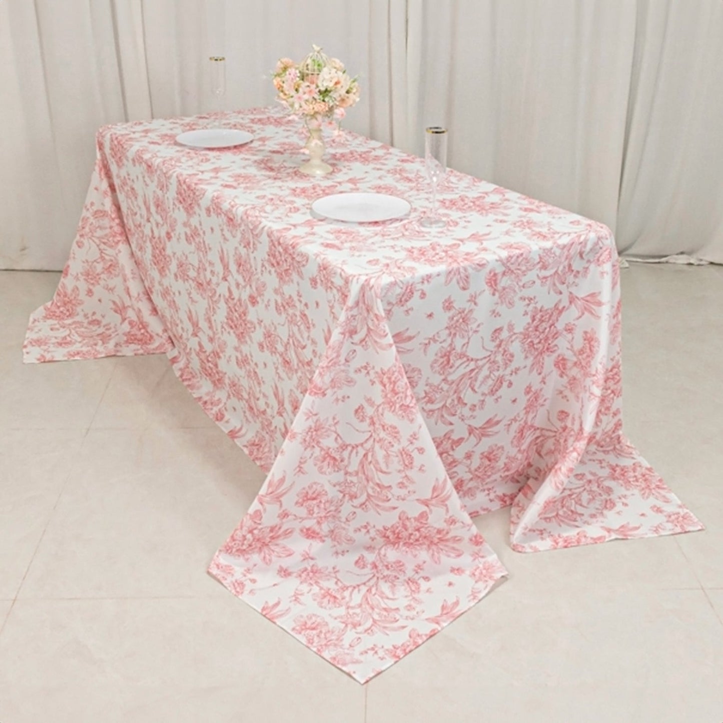 Polyester 90"x132" Rectangle Tablecloth White - Seamless Pink French Toile Pattern for Formal Celebrations