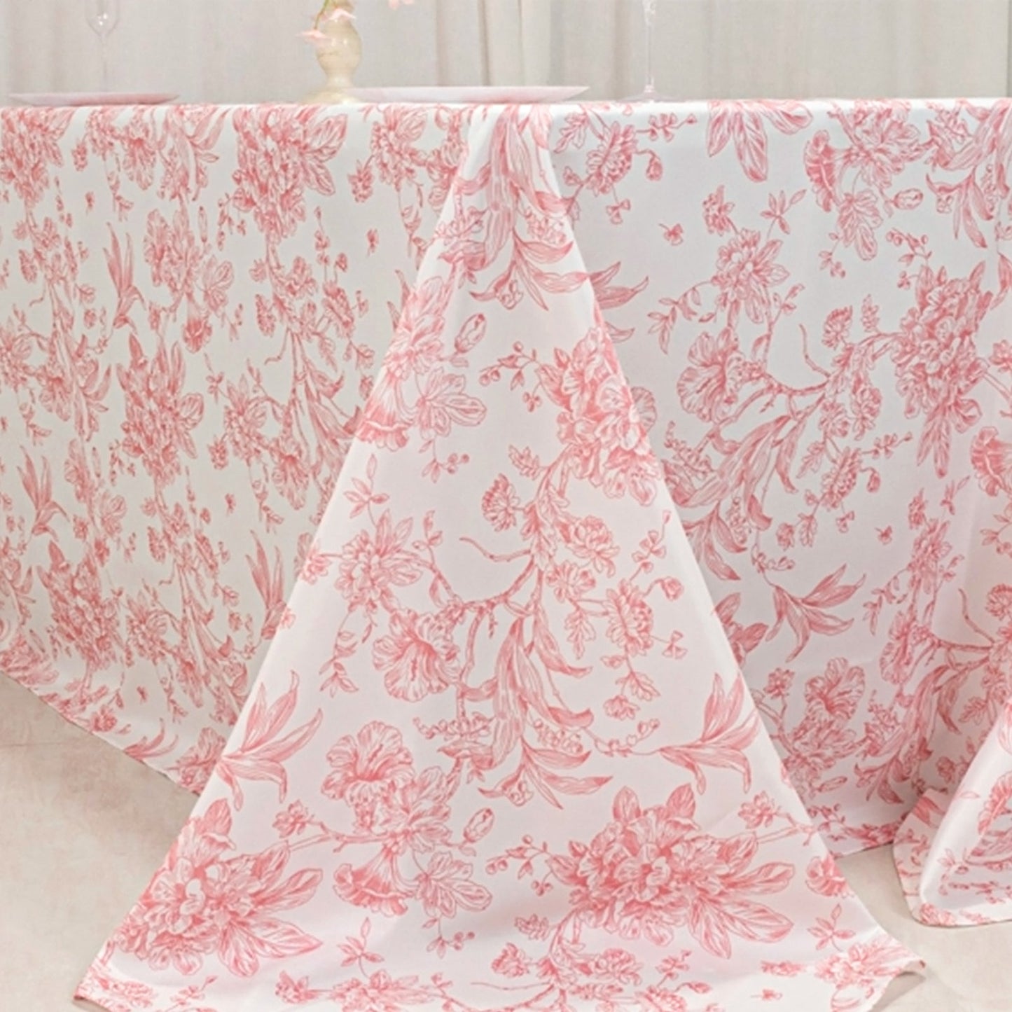 Polyester 90"x132" Rectangle Tablecloth White - Seamless Pink French Toile Pattern for Formal Celebrations