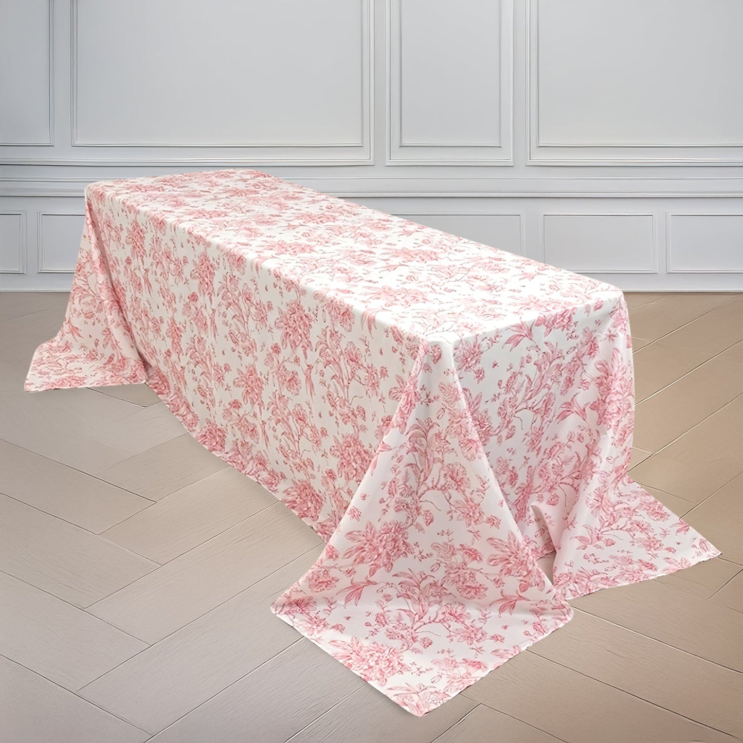 Polyester 90"x132" Rectangle Tablecloth White - Seamless Pink French Toile Pattern for Formal Celebrations