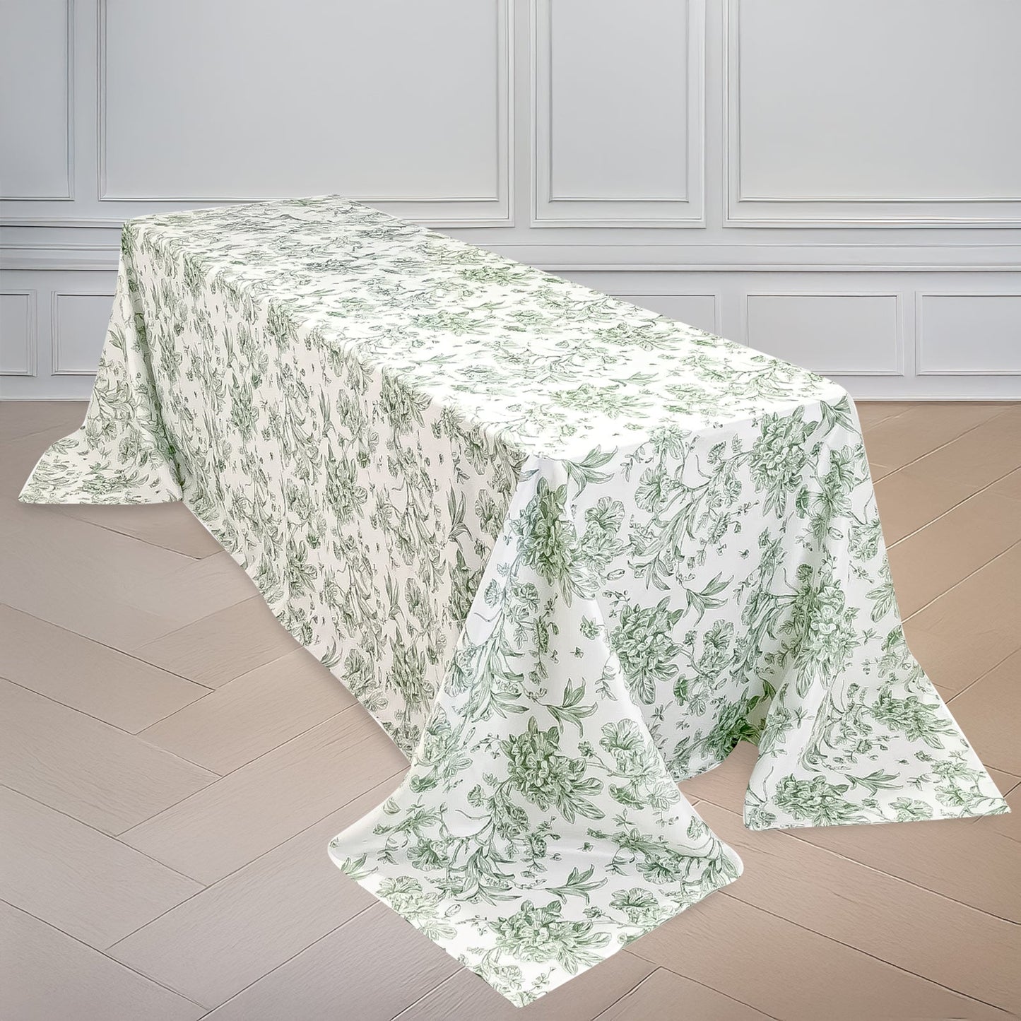 Polyester 90"x156" Rectangle Tablecloth White - Seamless Dusty Sage Green French Toile Pattern for Grand Occasions