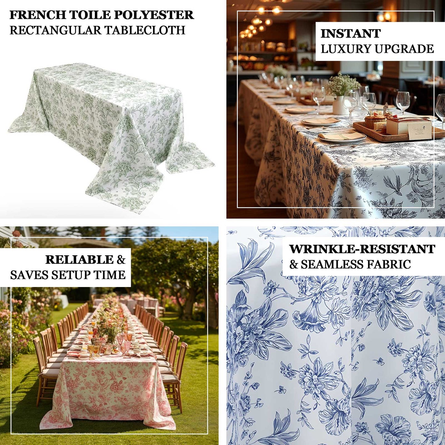 Polyester 90"x156" Rectangle Tablecloth White - Seamless Blue French Toile Pattern for Chic Weddings
