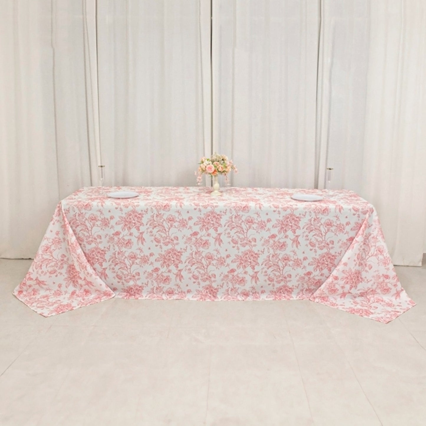 Polyester 90"x156" Rectangle Tablecloth White - Seamless Pink French Toile Pattern for Grand Occasions