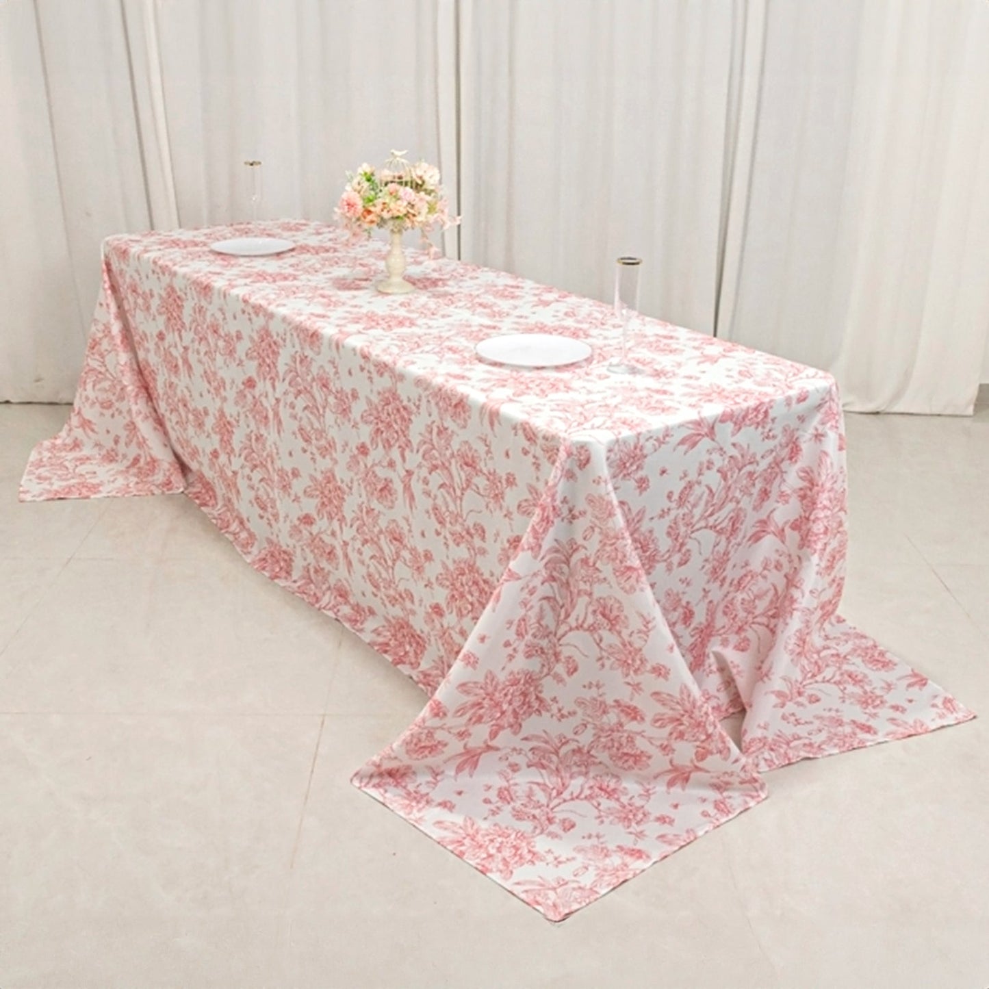 Polyester 90"x156" Rectangle Tablecloth White - Seamless Pink French Toile Pattern for Grand Occasions