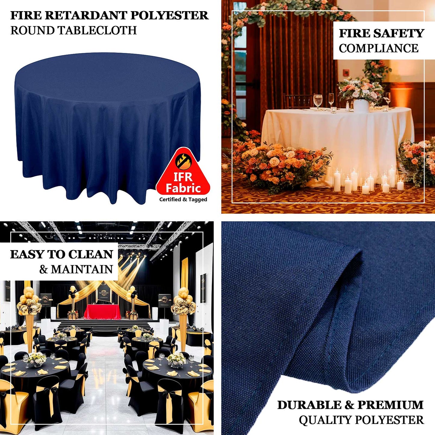 Fire Retardant Premium Polyester 120" Round Tablecloth Navy Blue - High-Performance Seamless Table Cover