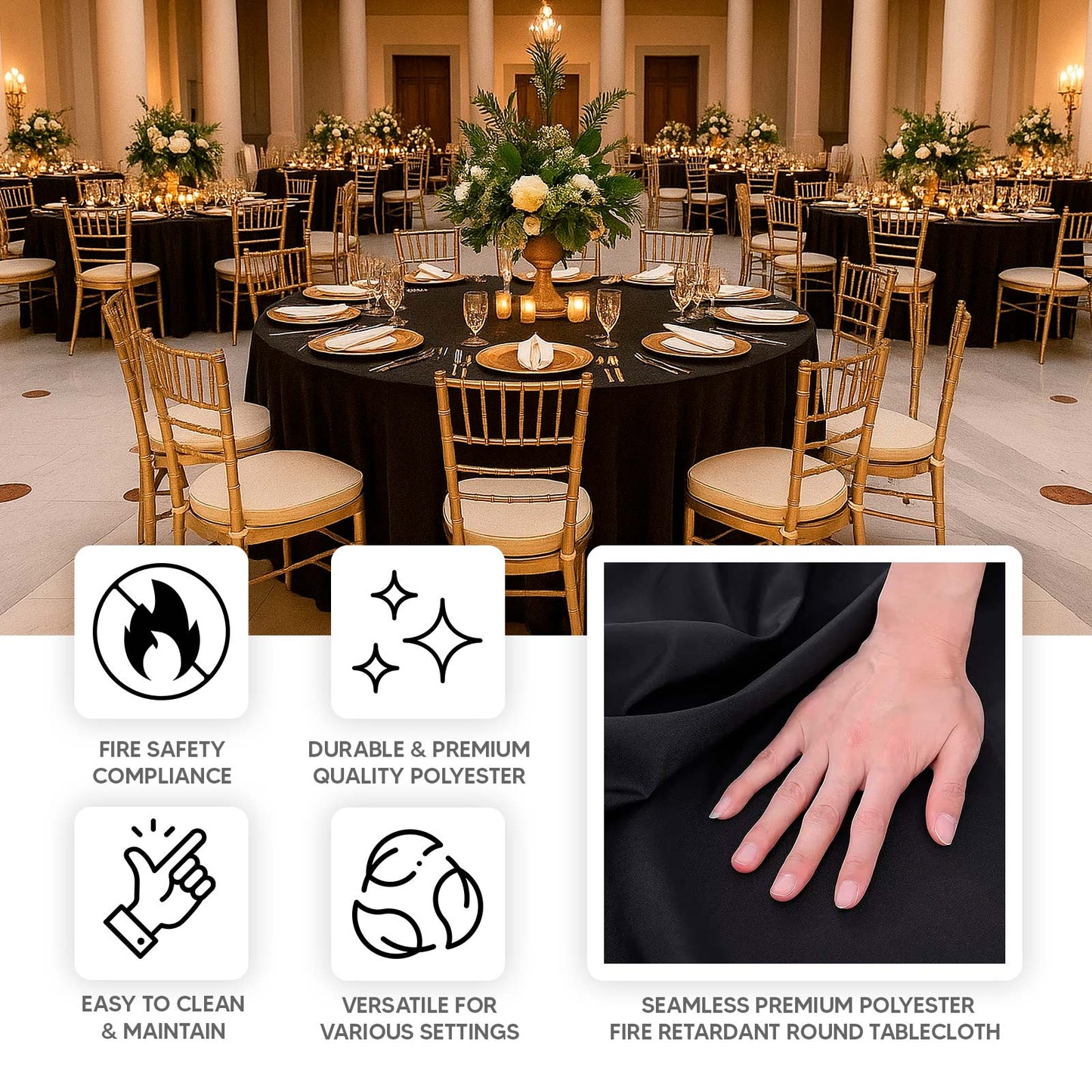 Fire Retardant Premium Polyester 132" Round Tablecloth Black - High-Performance Seamless Table Cover