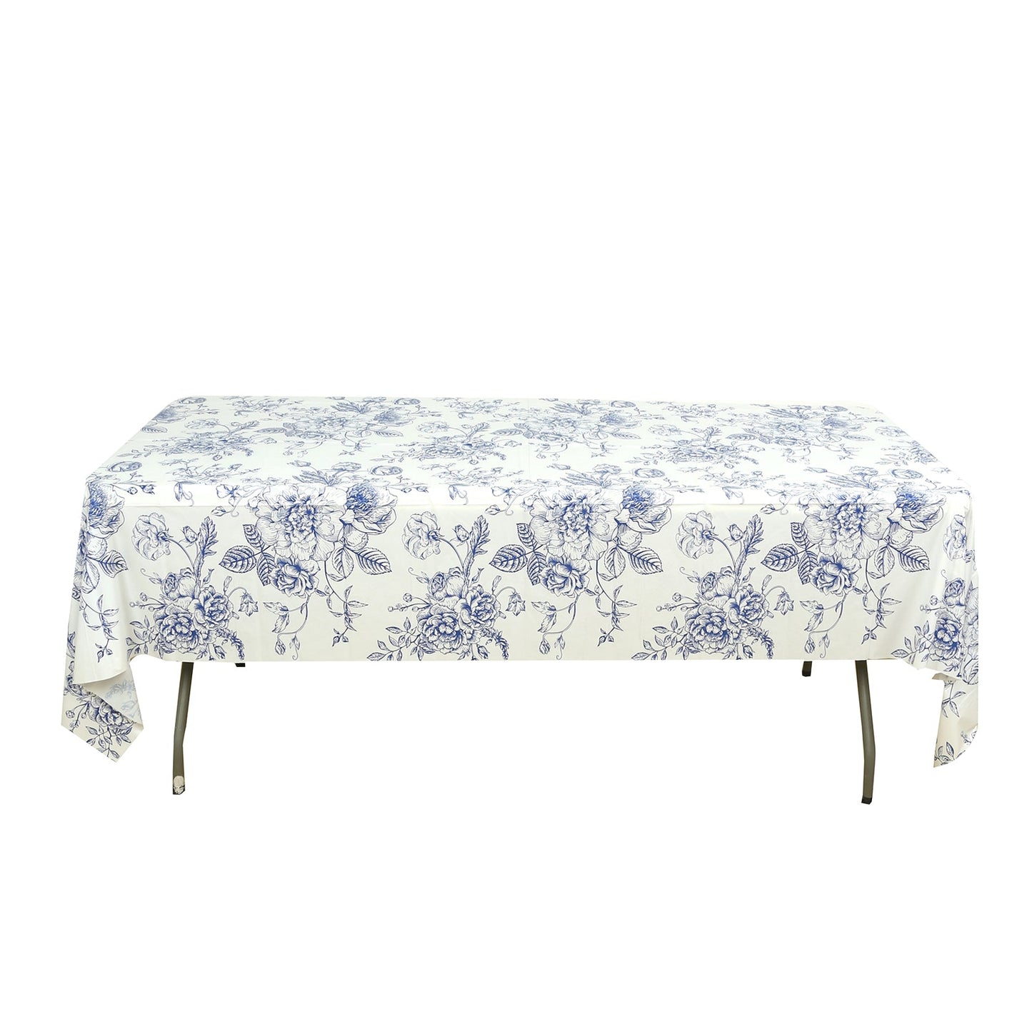 5-Pack Rectangular Plastic Tablecloths â€“ White with Blue French Toile Pattern, PVC Waterproof Disposable Table Covers 54"x108"