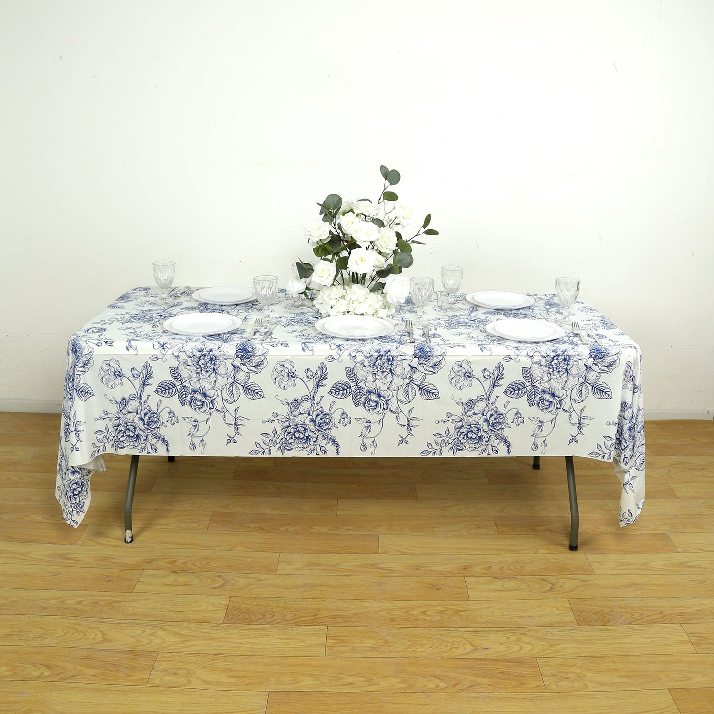 5-Pack Rectangular Plastic Tablecloths â€“ White with Blue French Toile Pattern, PVC Waterproof Disposable Table Covers 54"x108"