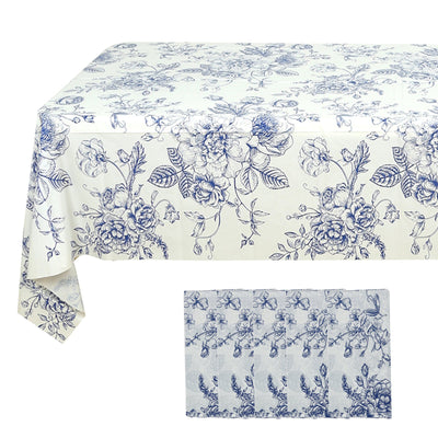 5-Pack Rectangular Plastic Tablecloths â€“ White with Blue French Toile Pattern, PVC Waterproof Disposable Table Covers 54"x108"