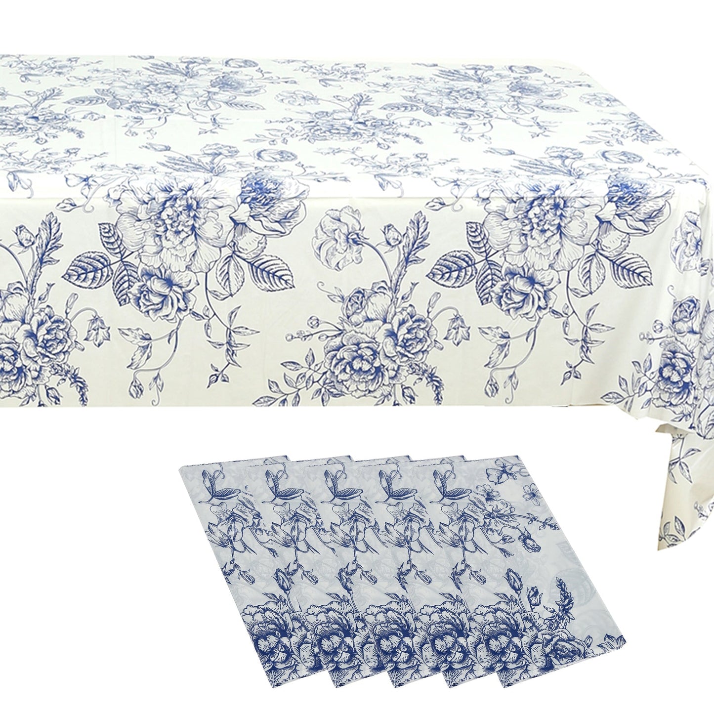 5-Pack Rectangular Plastic Tablecloths â€“ White with Blue French Toile Pattern, PVC Waterproof Disposable Table Covers 54"x108"