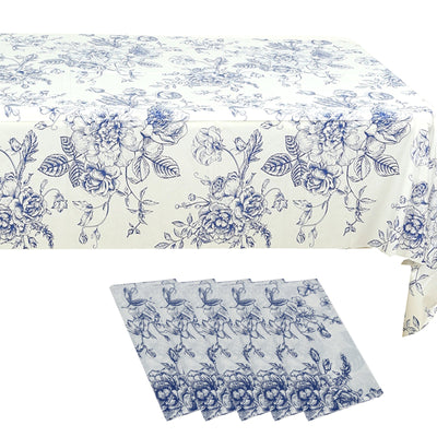 5-Pack Rectangular Plastic Tablecloths â€“ White with Blue French Toile Pattern, PVC Waterproof Disposable Table Covers 54"x108"