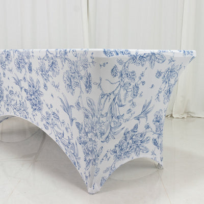 6ft Spandex Fitted Rectangle Tablecloth â€“ White & Blue French Toile Wrinkle-Free Stretch Table Cover