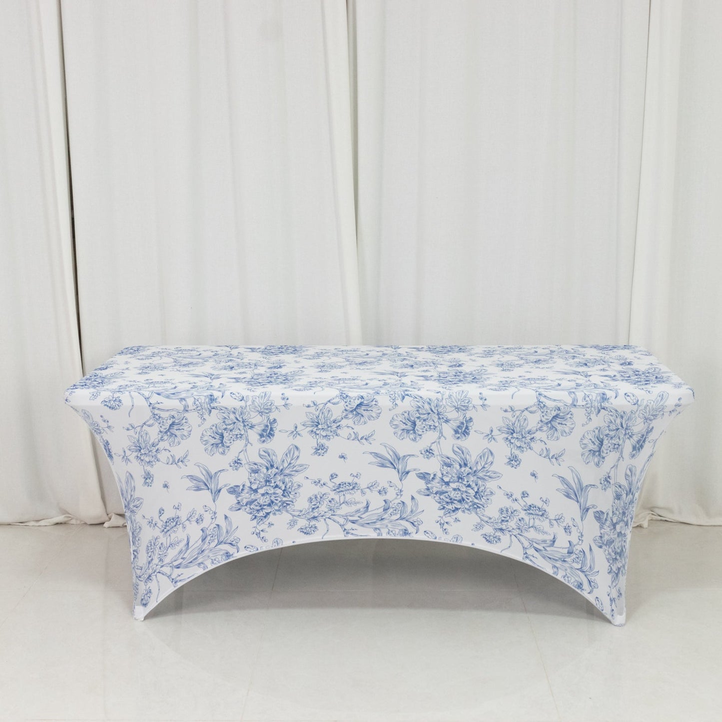 6ft Spandex Fitted Rectangle Tablecloth â€“ White & Blue French Toile Wrinkle-Free Stretch Table Cover