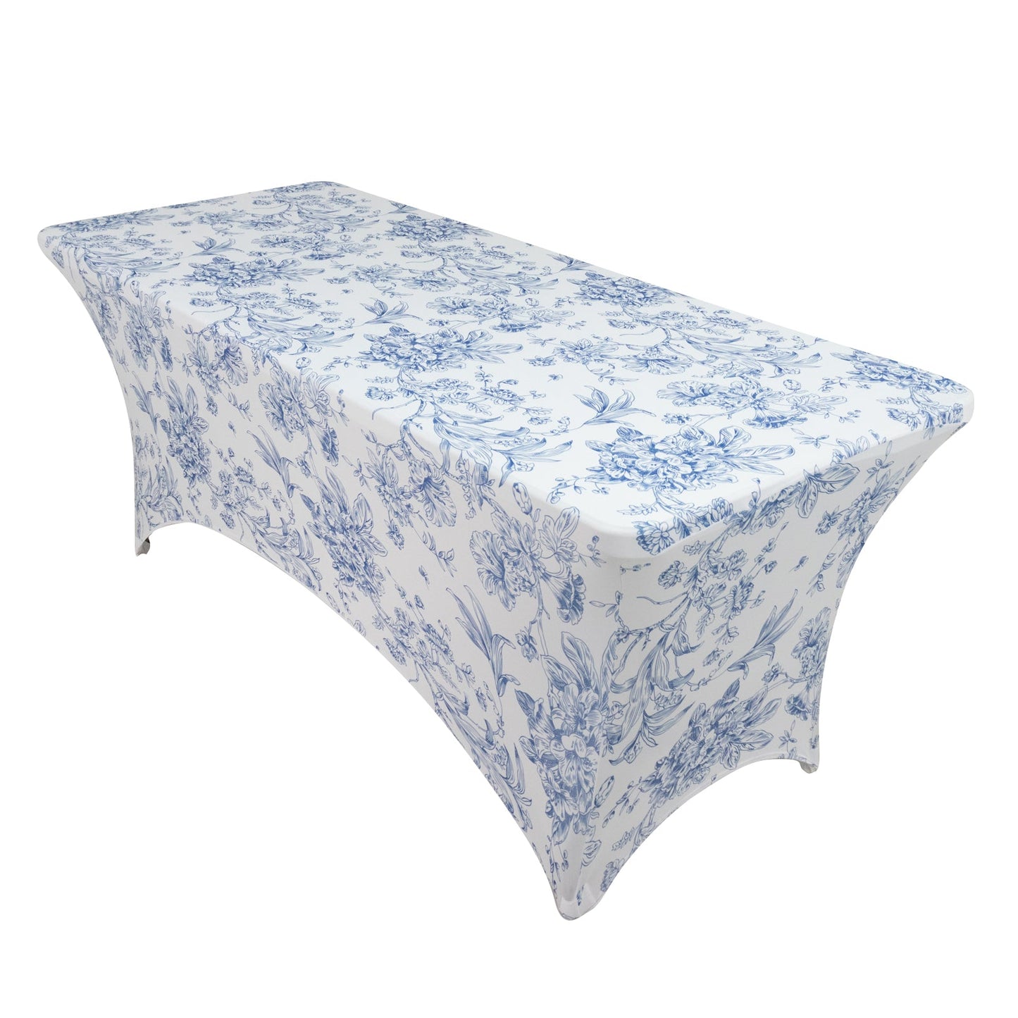 6ft Spandex Fitted Rectangle Tablecloth â€“ White & Blue French Toile Wrinkle-Free Stretch Table Cover