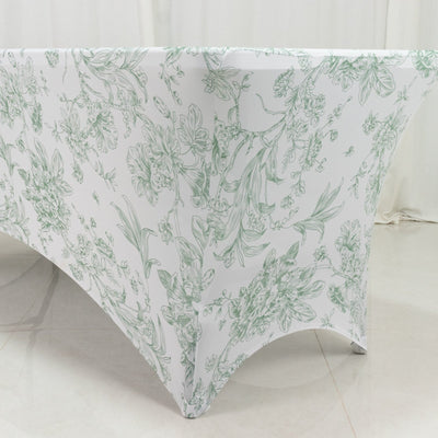 6ft Spandex Fitted Rectangle Tablecloth â€“ White & Dusty Sage Green French Toile Wrinkle-Free Stretch Table Cover