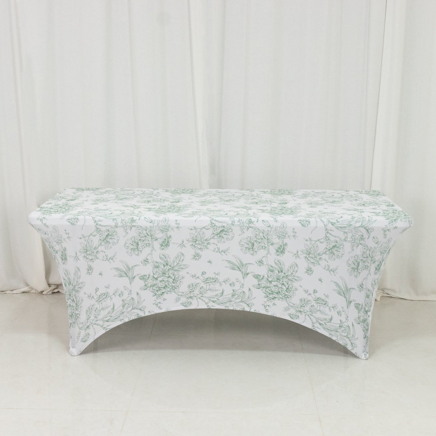 6ft Spandex Fitted Rectangle Tablecloth â€“ White & Dusty Sage Green French Toile Wrinkle-Free Stretch Table Cover