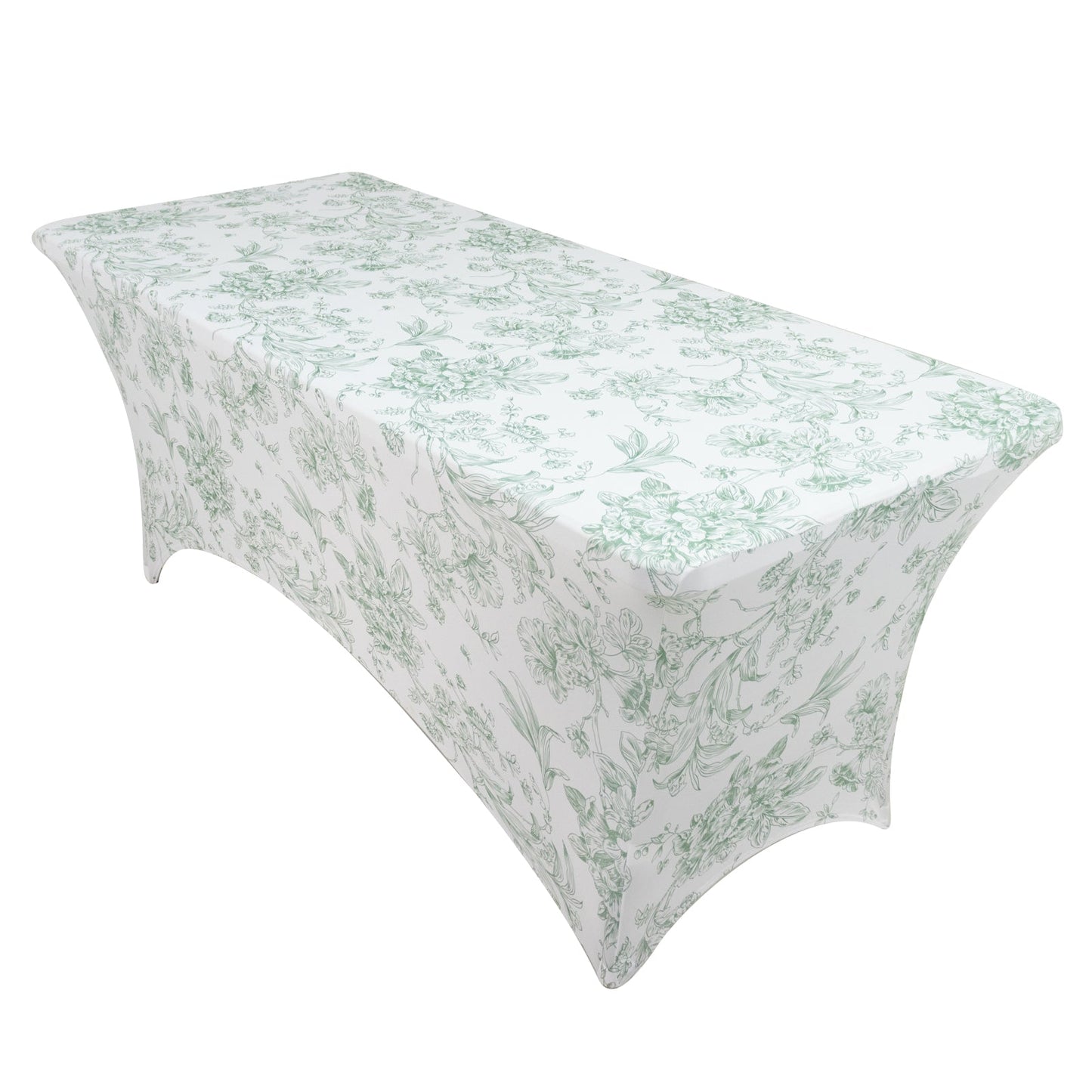 6ft Spandex Fitted Rectangle Tablecloth â€“ White & Dusty Sage Green French Toile Wrinkle-Free Stretch Table Cover
