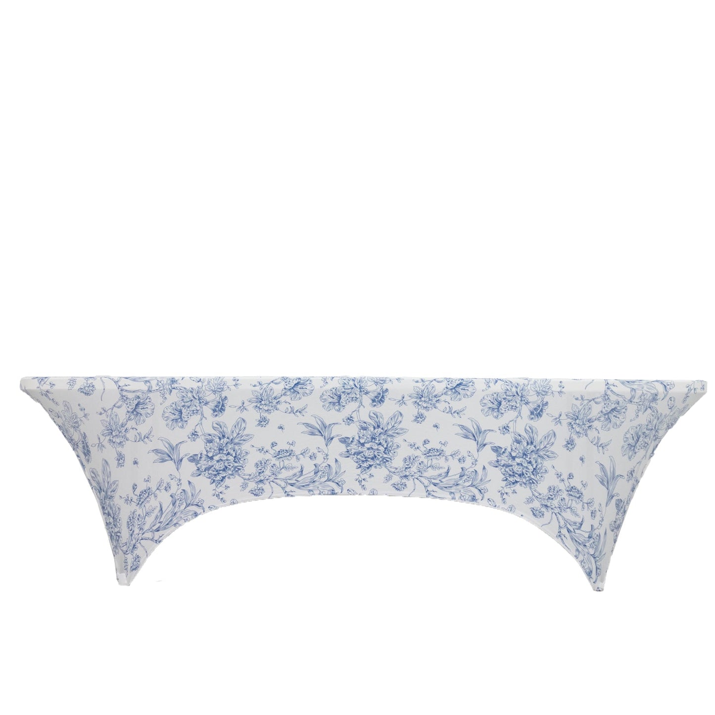 8ft Spandex Fitted Rectangle Tablecloth â€“ White & Blue French Toile Wrinkle-Free Stretch Table Cover