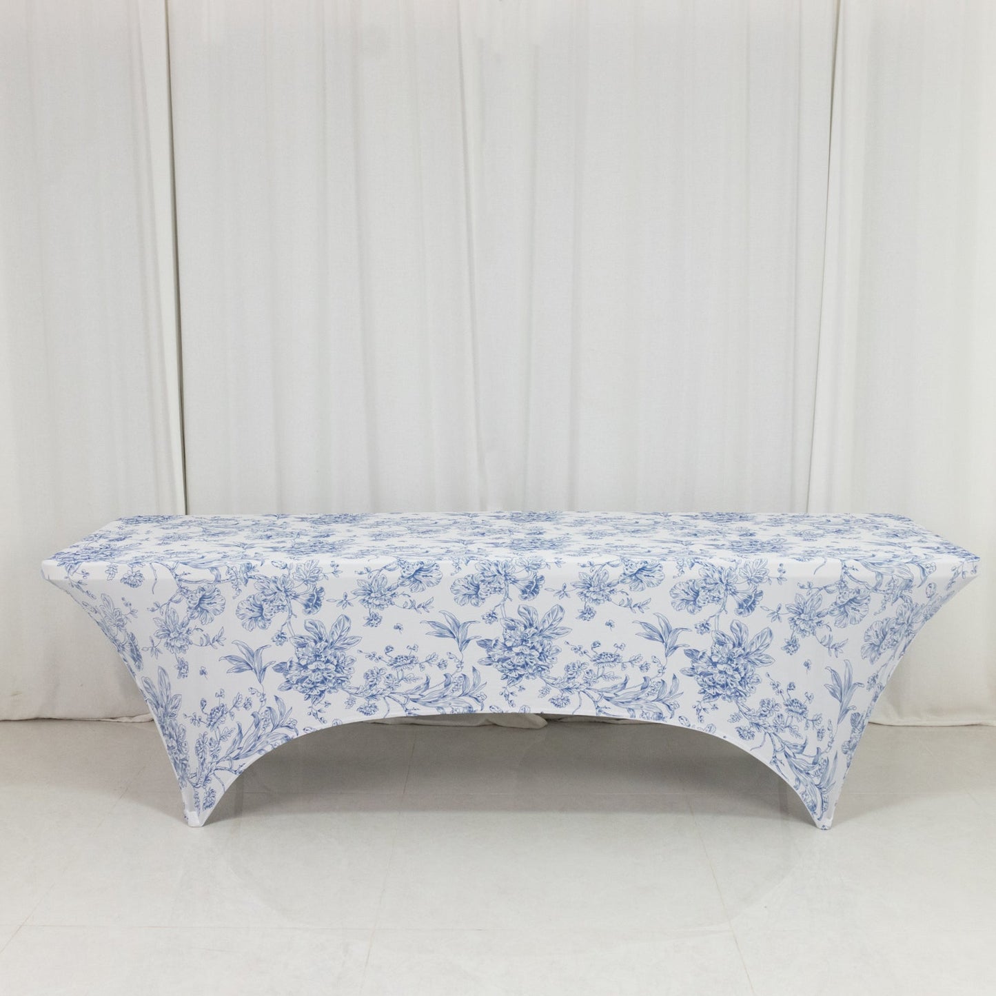 8ft Spandex Fitted Rectangle Tablecloth â€“ White & Blue French Toile Wrinkle-Free Stretch Table Cover