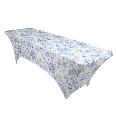 8ft Spandex Fitted Rectangle Tablecloth â€“ White & Blue French Toile Wrinkle-Free Stretch Table Cover