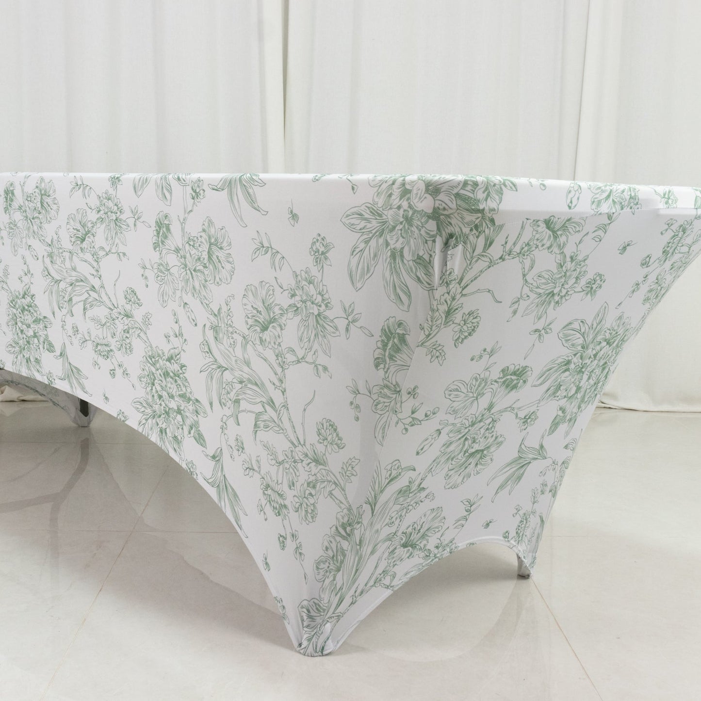 8ft Spandex Fitted Rectangle Tablecloth â€“ White & Dusty Sage Green French Toile Wrinkle-Free Stretch Table Cover