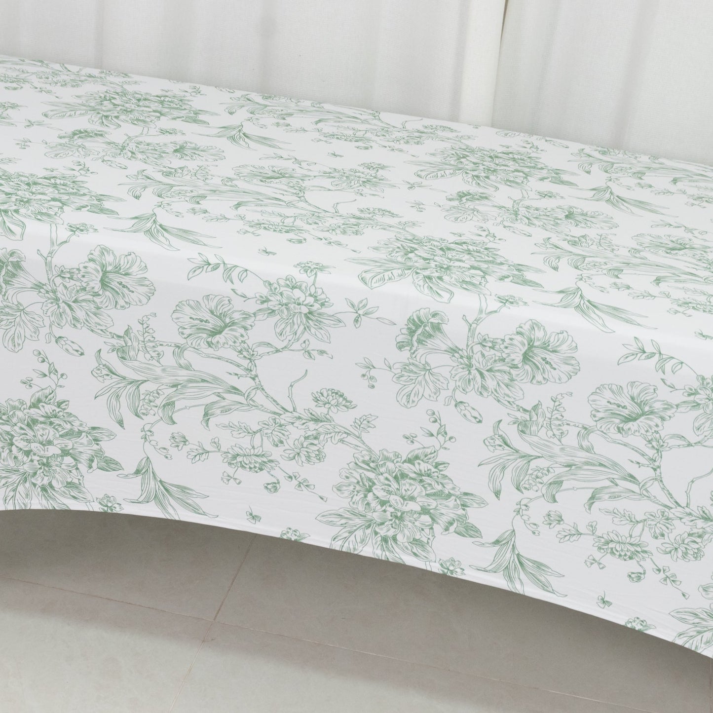 8ft Spandex Fitted Rectangle Tablecloth â€“ White & Dusty Sage Green French Toile Wrinkle-Free Stretch Table Cover
