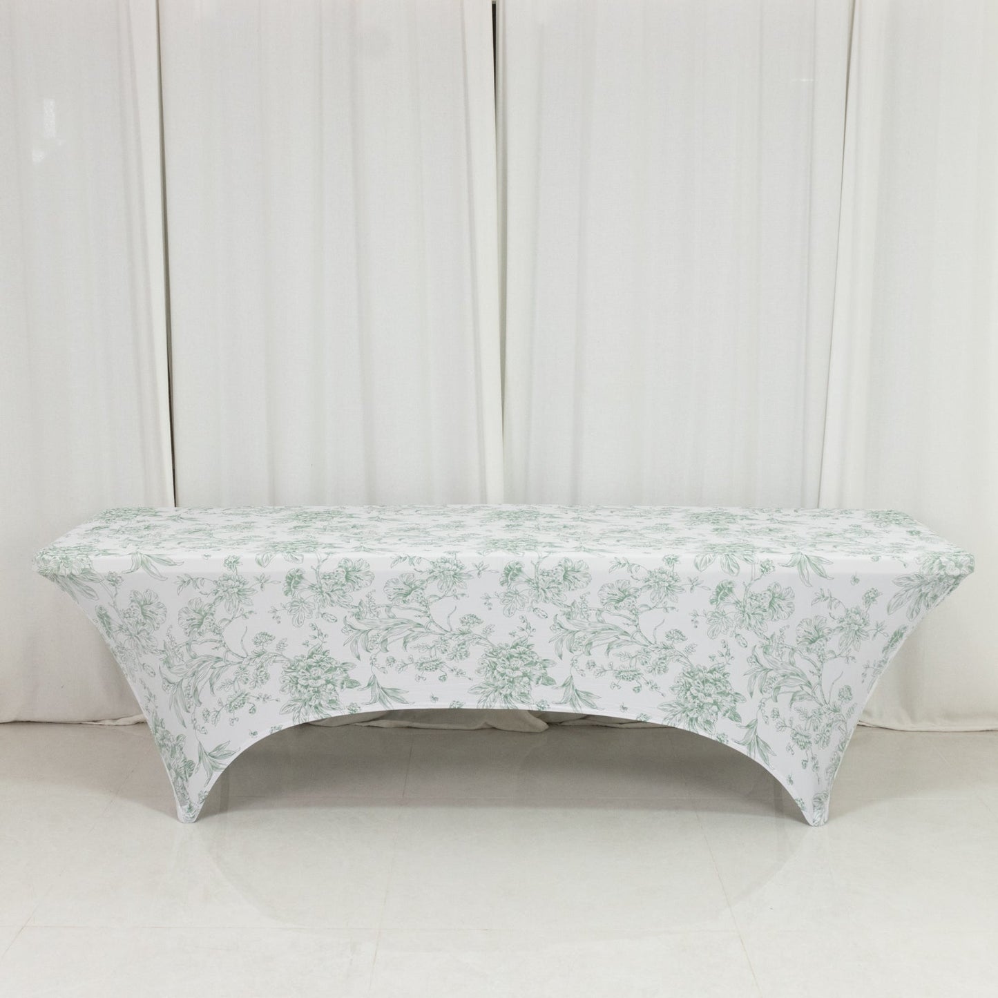 8ft Spandex Fitted Rectangle Tablecloth â€“ White & Dusty Sage Green French Toile Wrinkle-Free Stretch Table Cover