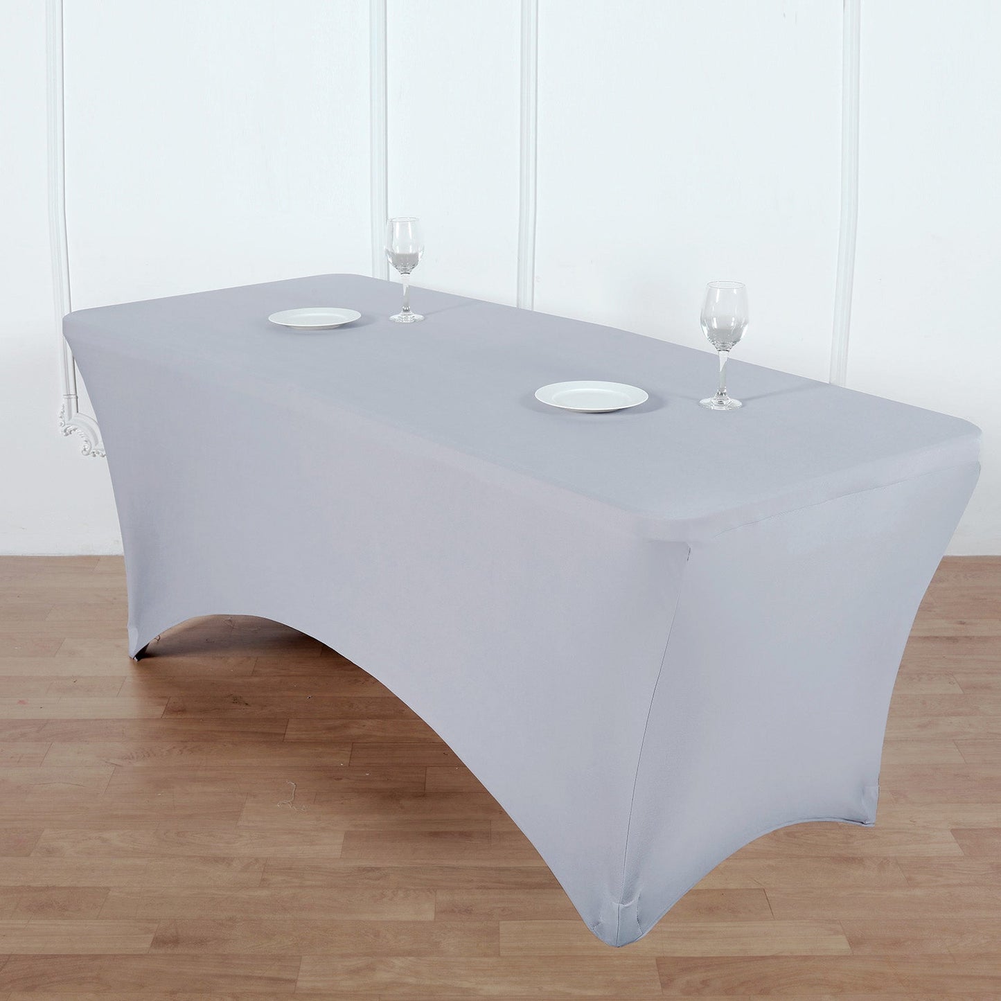 Stretch Spandex 96"x30" Rectangle Table Cover Silver - Durable Form-Fitting Tablecloth