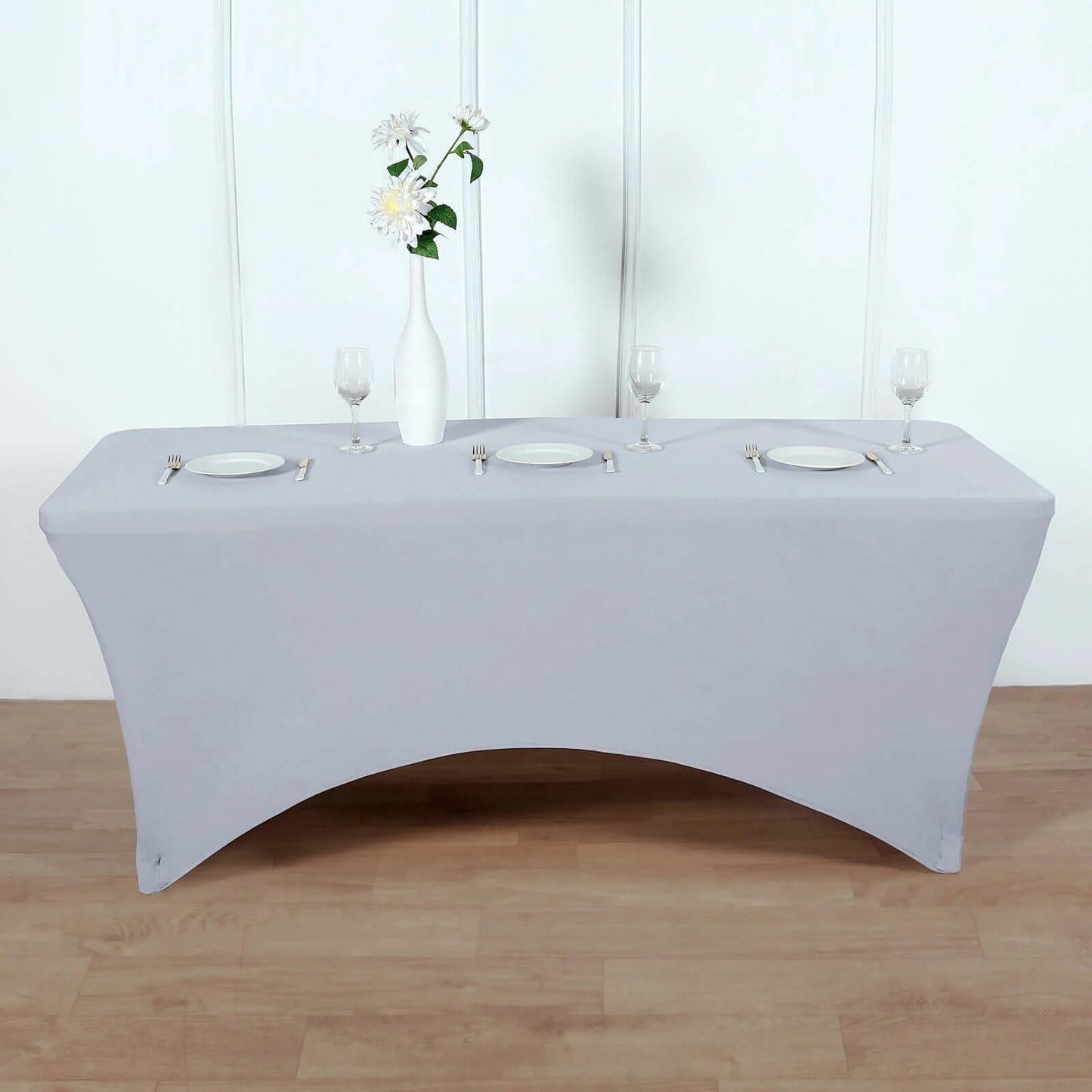Stretch Spandex 96"x30" Rectangle Table Cover Silver - Durable Form-Fitting Tablecloth