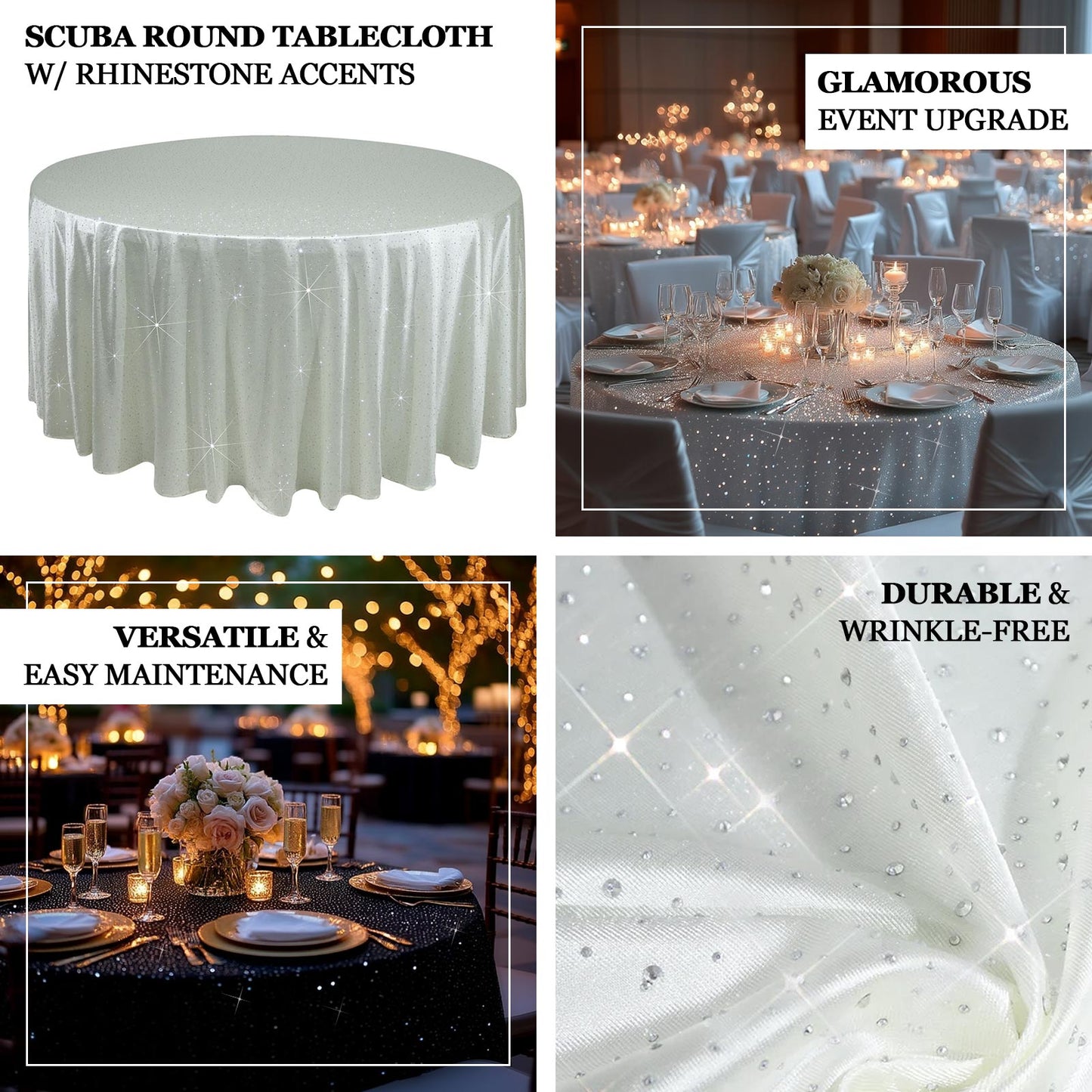 Scuba Round Tablecloth 132â€³ Pearl White with Rhinestone Accents â€“ Seamless, Wrinkle-Free, Stain-Resistant Event Linen