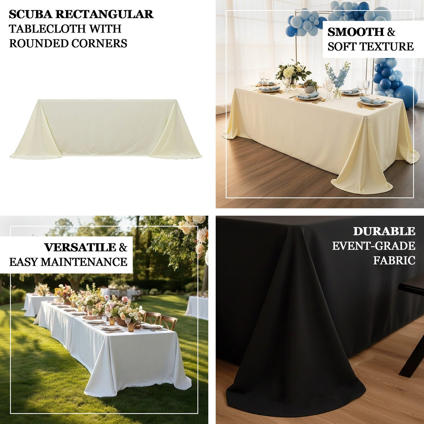 Scuba Rectangular 90"x132" Tablecloth White with Rounded Corners â€“ Seamless, Wrinkle Free & Stain Resistant Table Cover