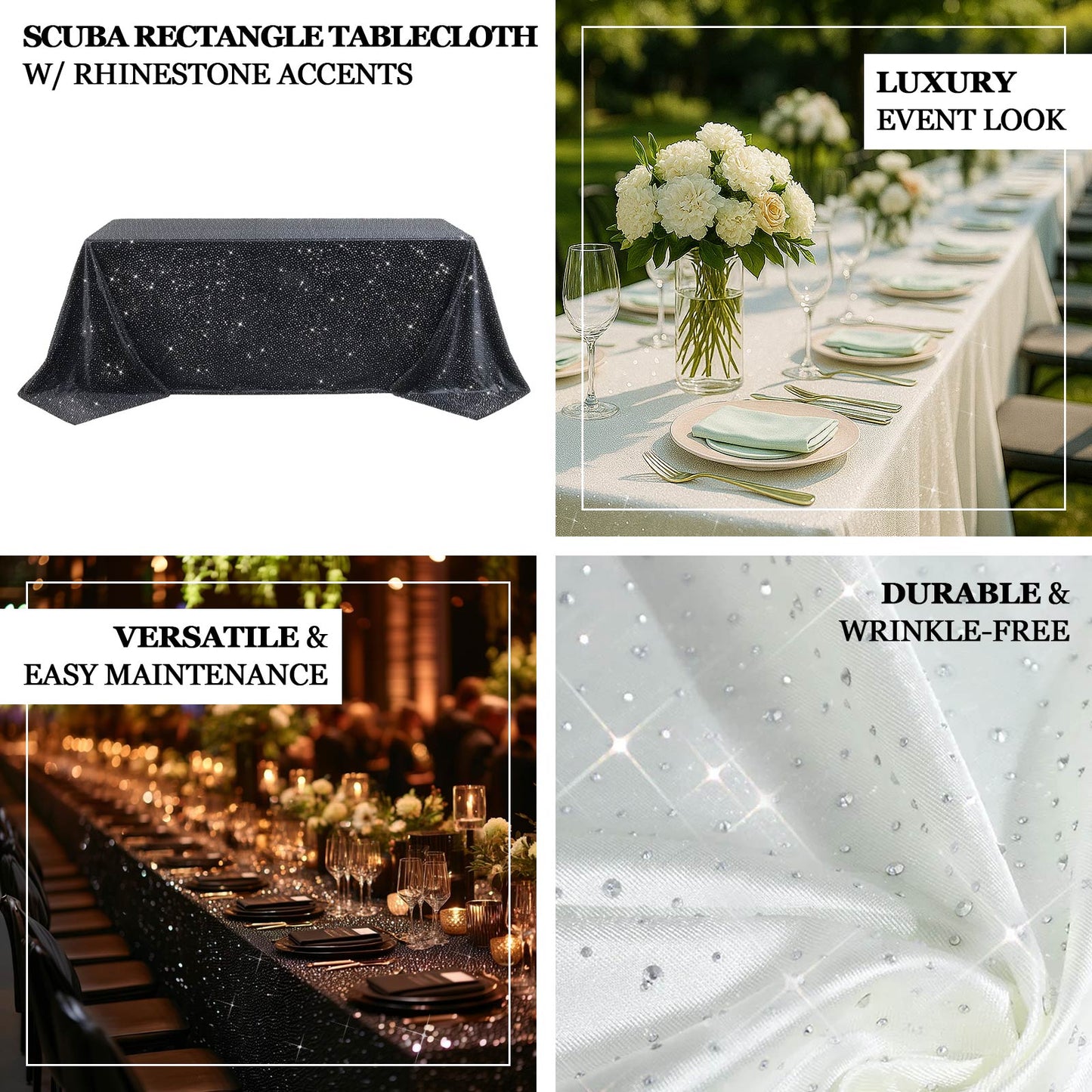 Scuba Rectangular Tablecloth 90"Ã—156" Pearl White with Rhinestone Accents â€“ Seamless, Wrinkle-Free, Stain-Resistant Event Linen