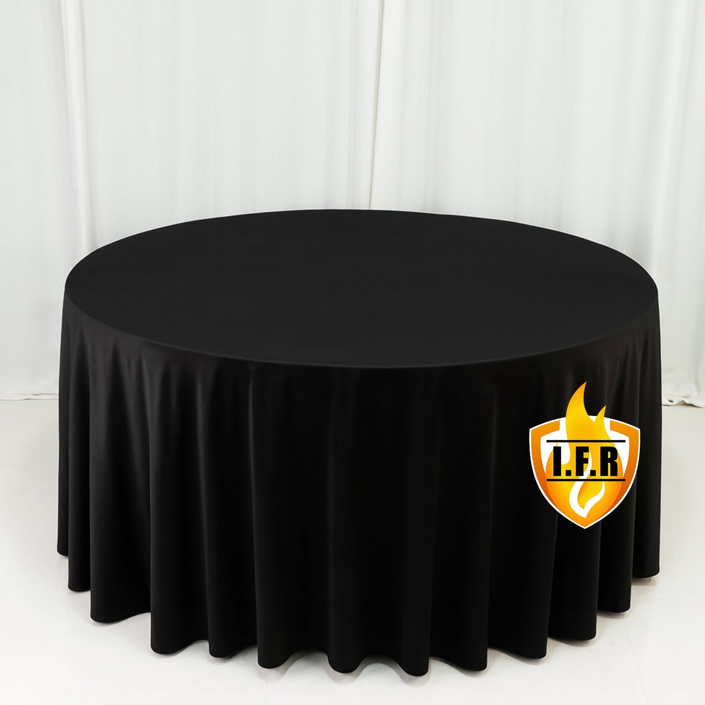 Fire Retardant Scuba Tablecloth â€“ 120" Round Black, Wrinkle Free, Stain Resistant, Seamless Polyester Cover