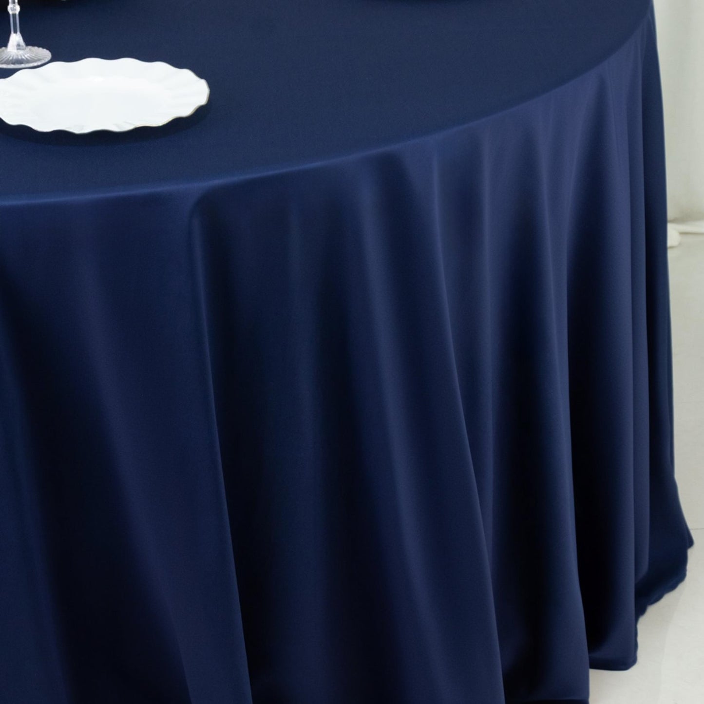 Fire Retardant Scuba Tablecloth â€“ 120" Round Navy Blue, Wrinkle Free, Stain Resistant, Seamless Polyester Cover