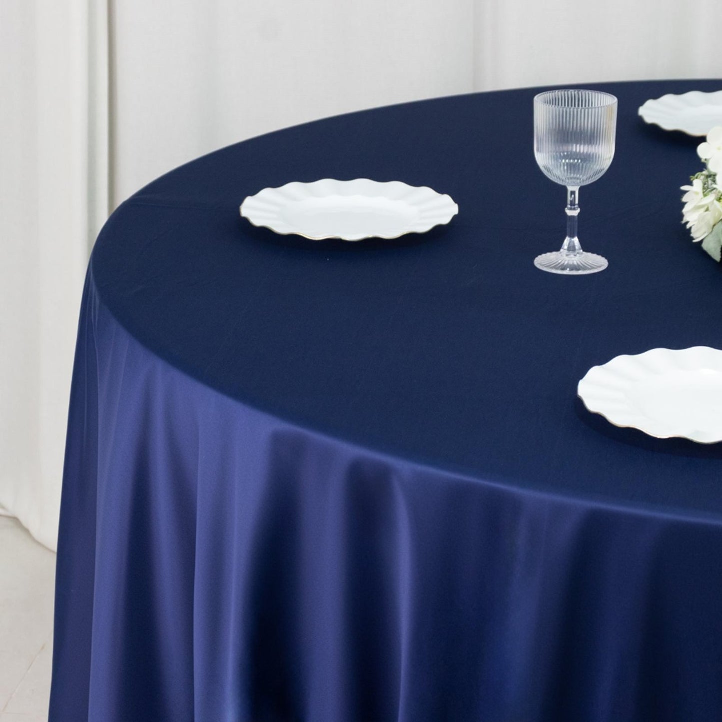 Fire Retardant Scuba Tablecloth â€“ 120" Round Navy Blue, Wrinkle Free, Stain Resistant, Seamless Polyester Cover