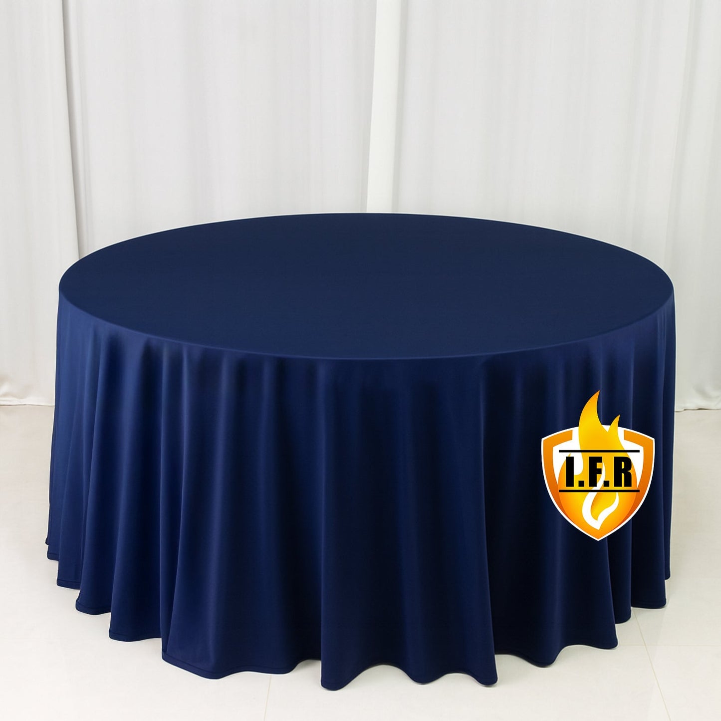 Fire Retardant Scuba Tablecloth â€“ 120" Round Navy Blue, Wrinkle Free, Stain Resistant, Seamless Polyester Cover