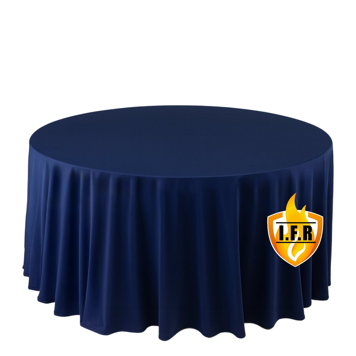 Fire Retardant Scuba Tablecloth â€“ 120" Round Navy Blue, Wrinkle Free, Stain Resistant, Seamless Polyester Cover