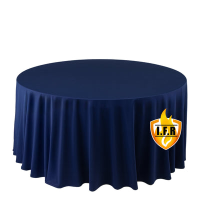 Fire Retardant Scuba Tablecloth â€“ 120" Round Navy Blue, Wrinkle Free, Stain Resistant, Seamless Polyester Cover