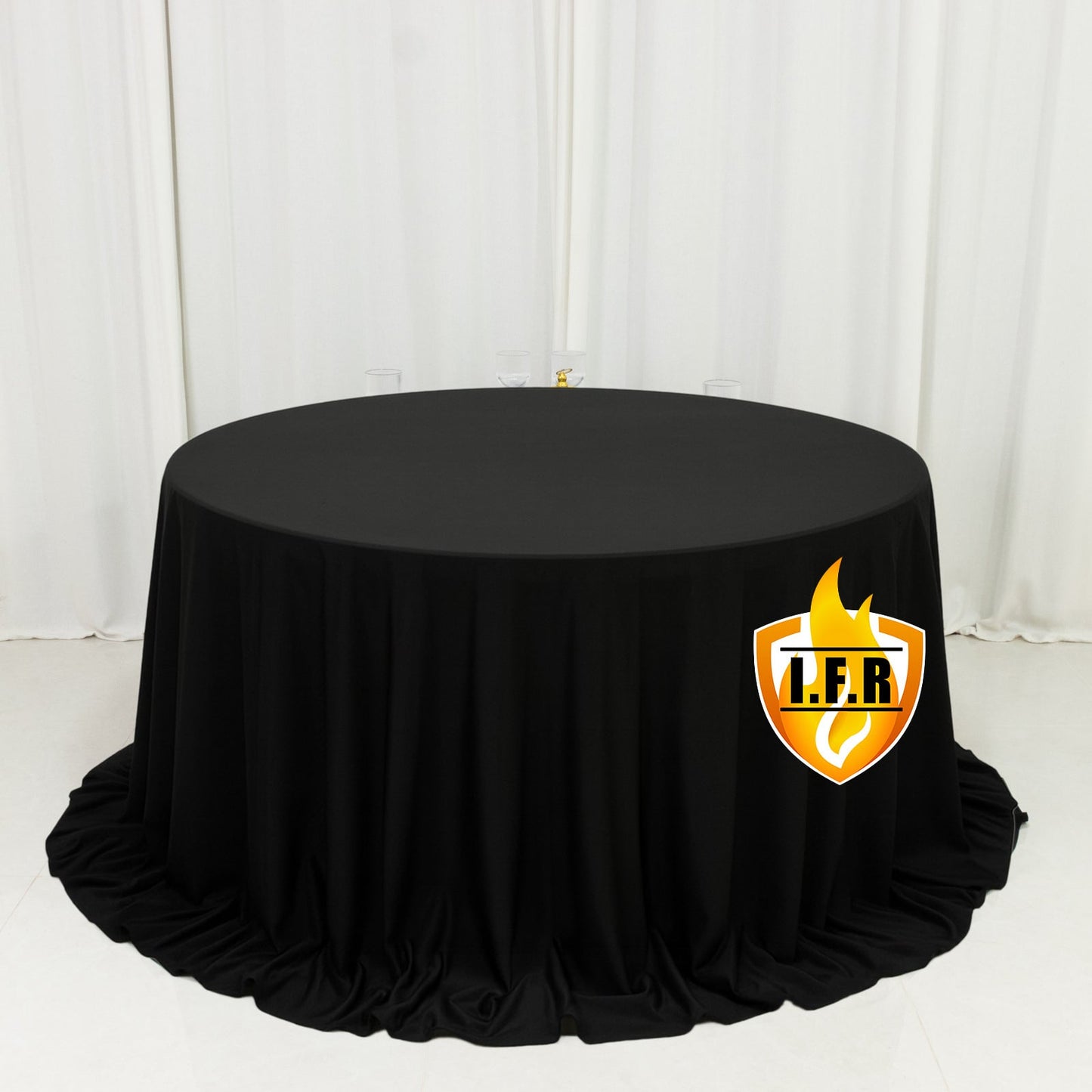 Fire Retardant Scuba Tablecloth â€“ 132" Round Black, Wrinkle Free, Stain Resistant, Seamless Polyester Cover