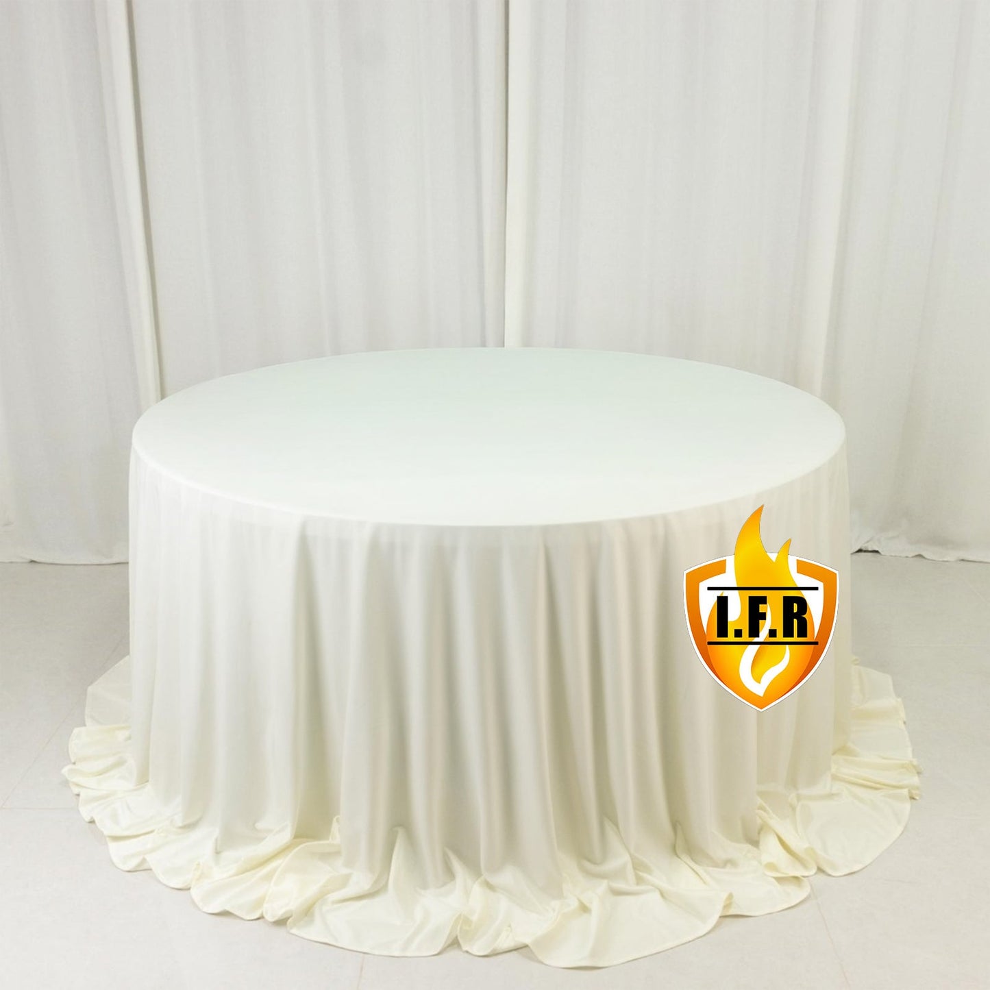 Fire Retardant Scuba Tablecloth â€“ 132" Round Ivory, Wrinkle Free, Stain Resistant, Seamless Polyester Cover