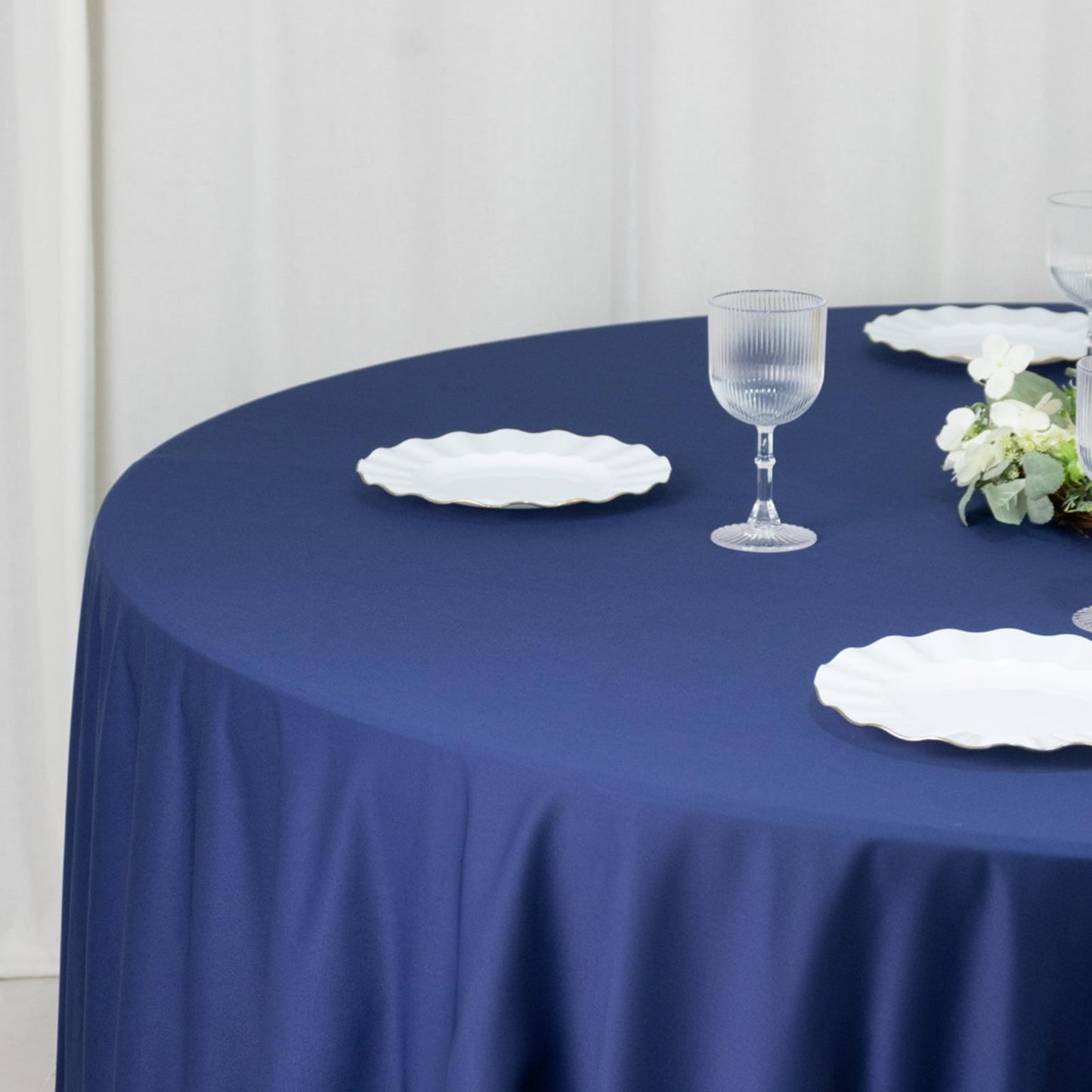 Fire Retardant Scuba Tablecloth â€“ 132" Round Navy Blue, Wrinkle Free, Stain Resistant, Seamless Polyester Cover