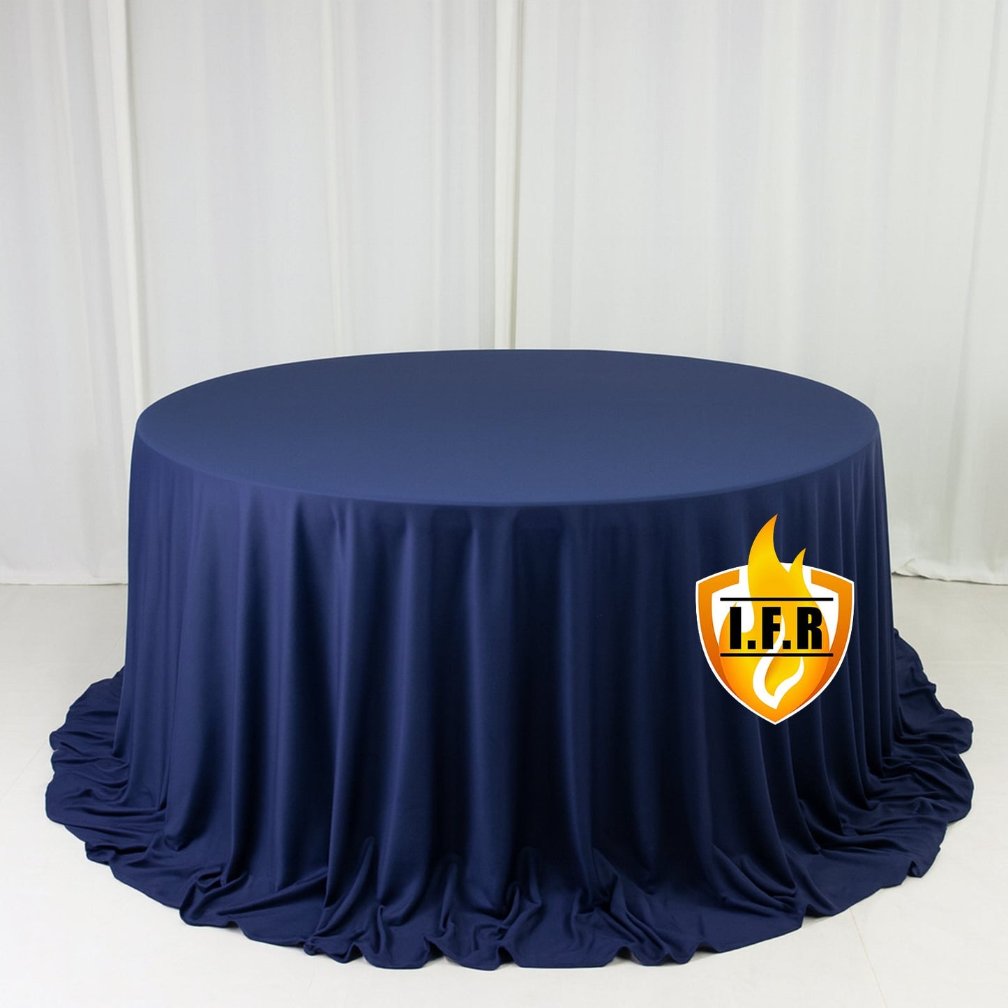 Fire Retardant Scuba Tablecloth â€“ 132" Round Navy Blue, Wrinkle Free, Stain Resistant, Seamless Polyester Cover