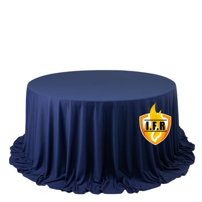 Fire Retardant Scuba Tablecloth â€“ 132" Round Navy Blue, Wrinkle Free, Stain Resistant, Seamless Polyester Cover