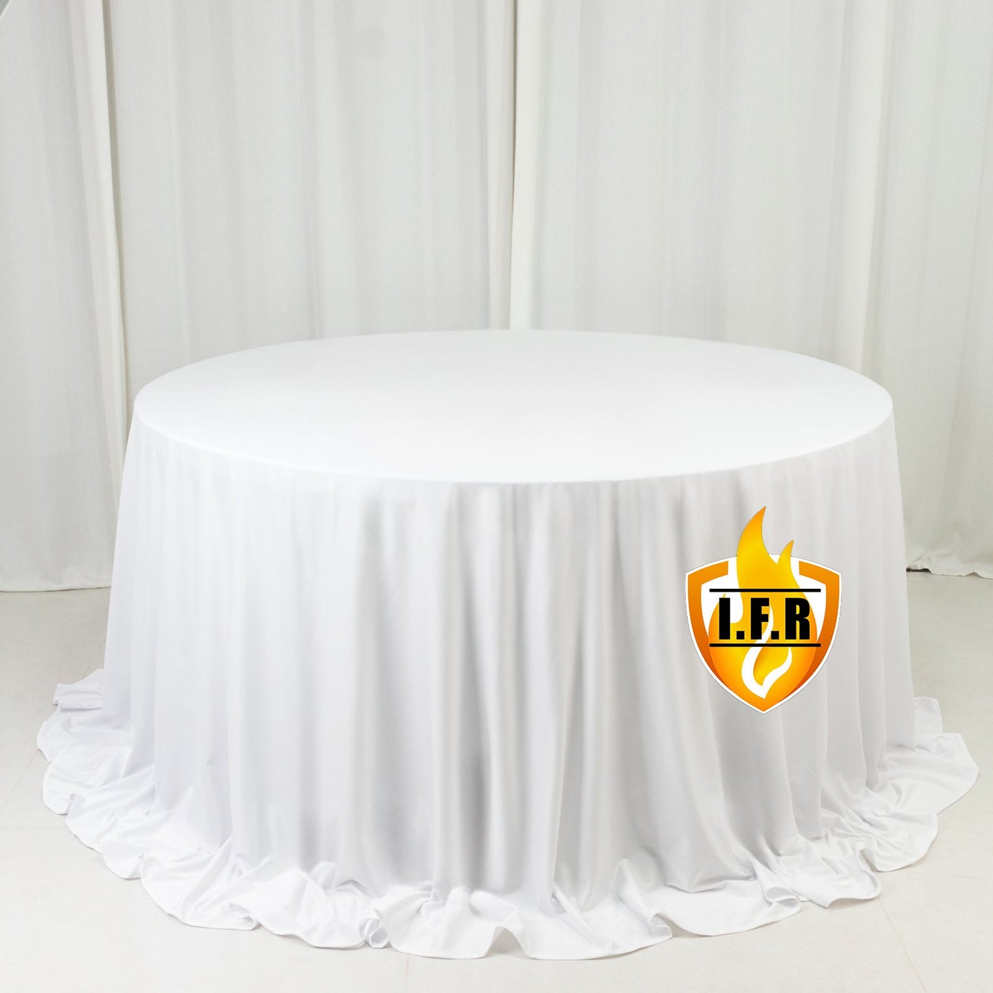 Fire Retardant Scuba Tablecloth â€“ 132" Round White, Wrinkle Free, Stain Resistant, Seamless Polyester Cover
