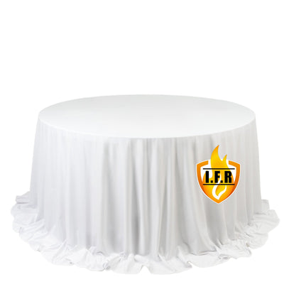 Fire Retardant Scuba Tablecloth â€“ 132" Round White, Wrinkle Free, Stain Resistant, Seamless Polyester Cover