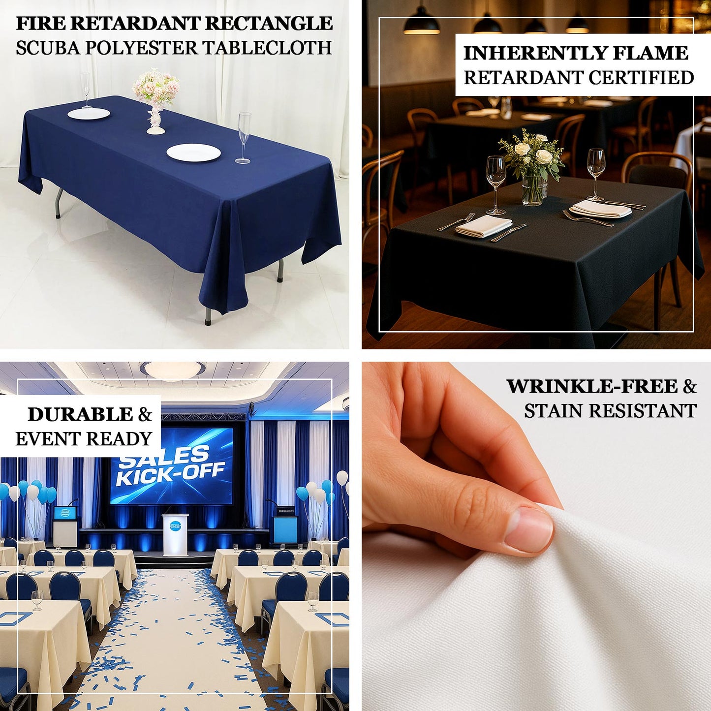 Fire Retardant Scuba Tablecloth â€“ 60"x102" Rectangle Ivory, Wrinkle Free, Stain Resistant Polyester Cover