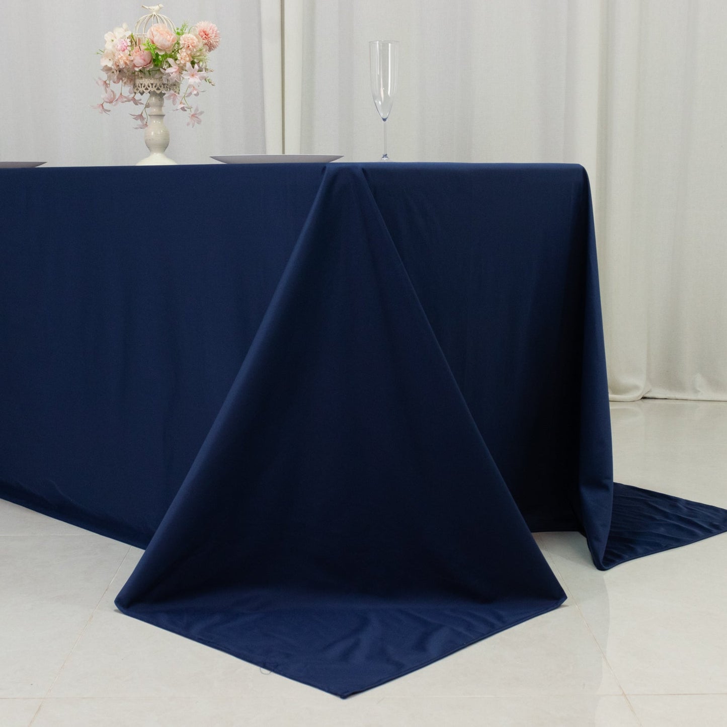 Fire Retardant Scuba Tablecloth â€“ 90"x132" Rectangle Navy Blue, Wrinkle Free, Stain Resistant, Seamless Polyester Cover