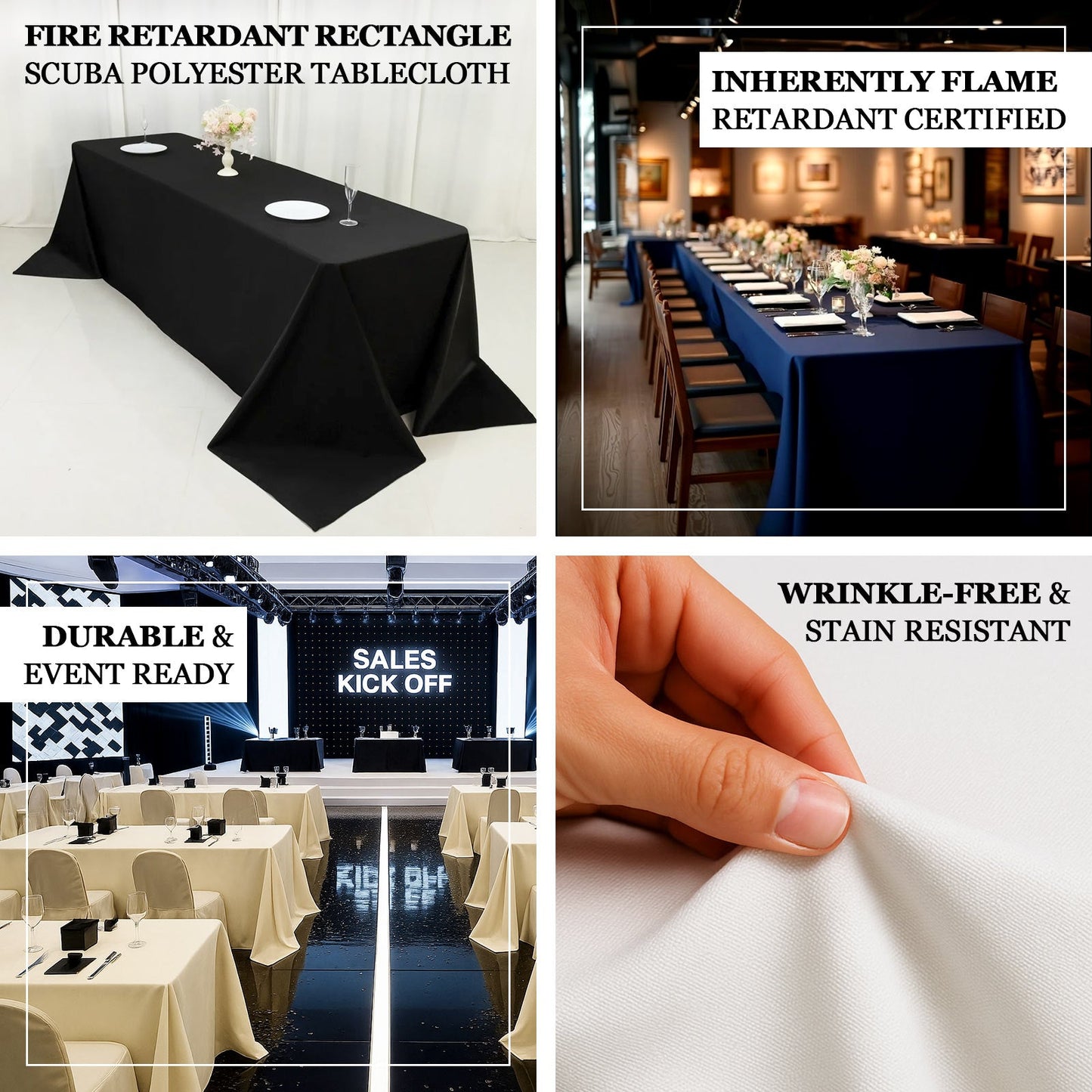 Fire Retardant Scuba Tablecloth â€“ 90"x156" Rectangle Black, Wrinkle Free, Stain Resistant, Seamless Polyester Cover