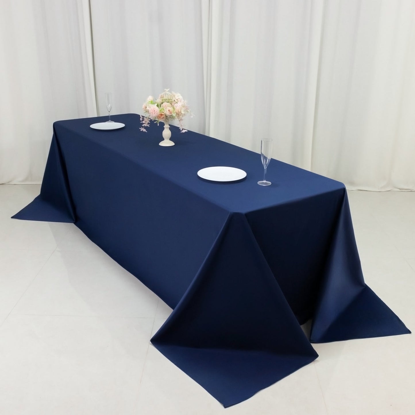 Fire Retardant Scuba Tablecloth â€“ 90"x156" Rectangle Navy Blue, Wrinkle Free, Stain Resistant, Seamless Polyester Cover