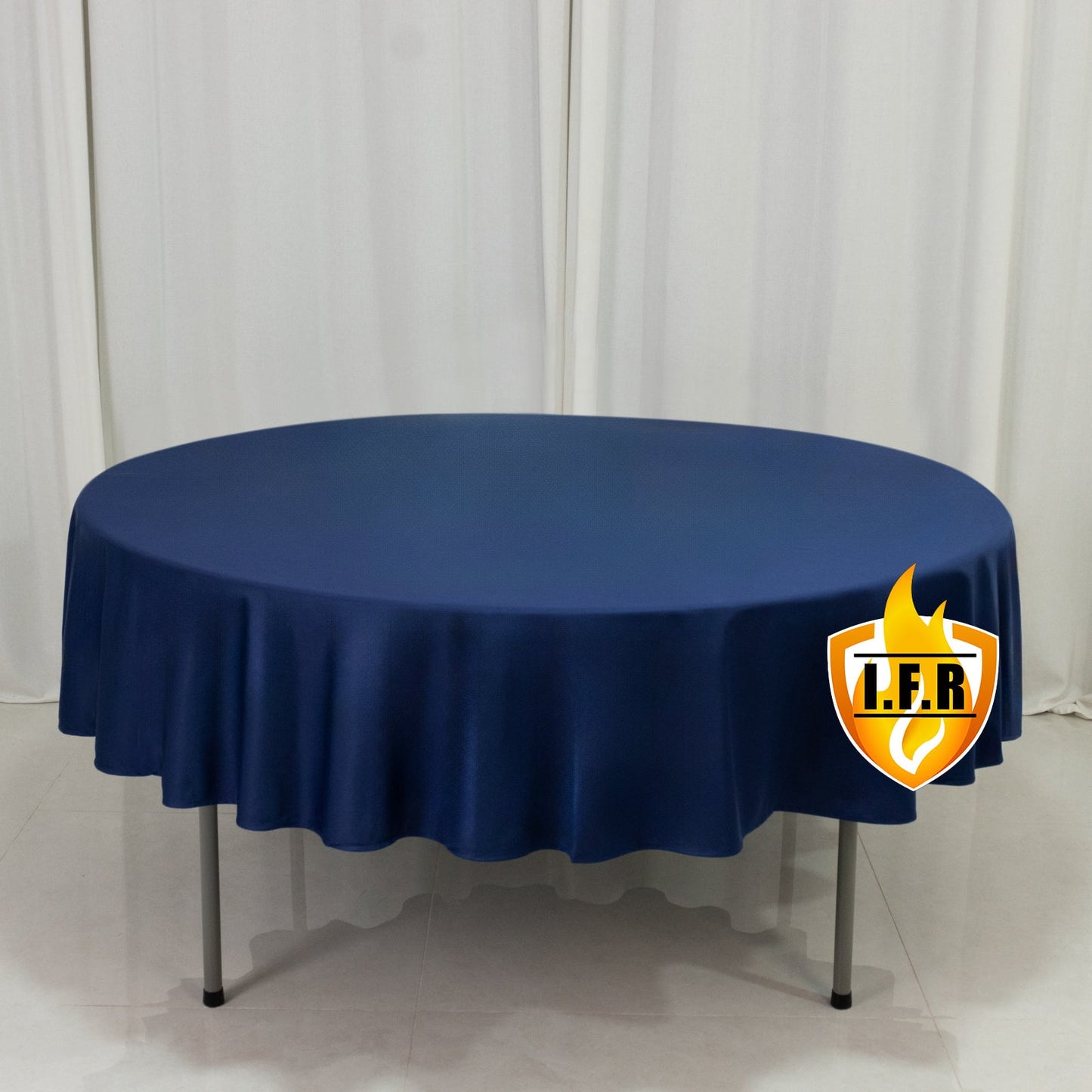 Fire Retardant Scuba Tablecloth â€“ 90" Round Navy Blue, Wrinkle Free, Stain Resistant Polyester Cover